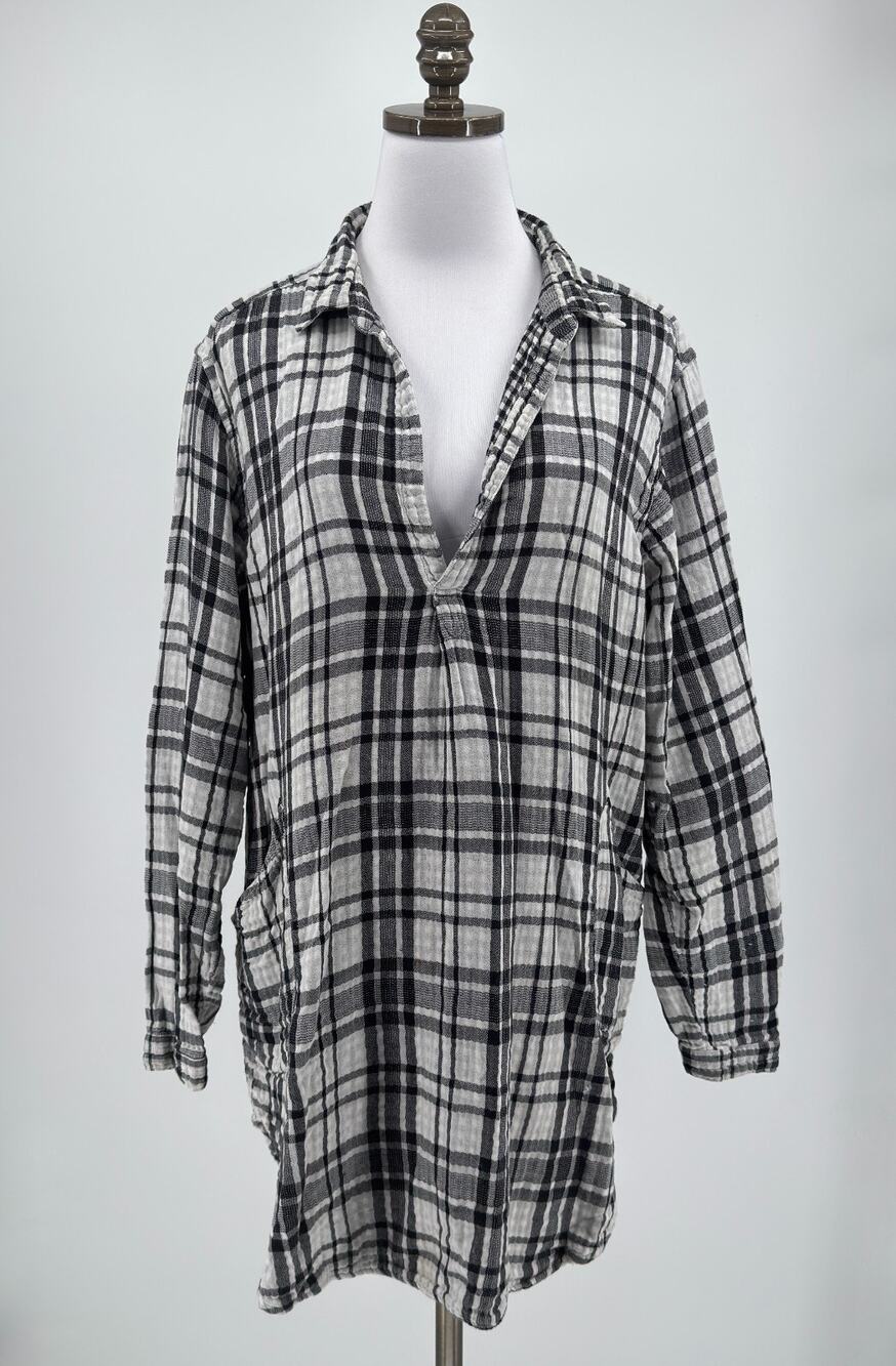 CP Shades Checkmate Black White Plaid Woven Cotton Oversized Tunic Top Sz L